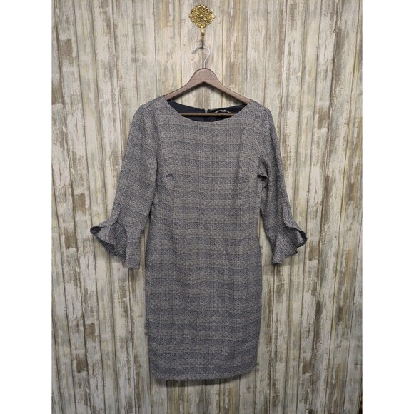Karl Lagerfeld Paris Sheath Dress Tulip Bell 3/4 Sleeve Black White Check Size 4 - Picture 1 of 12